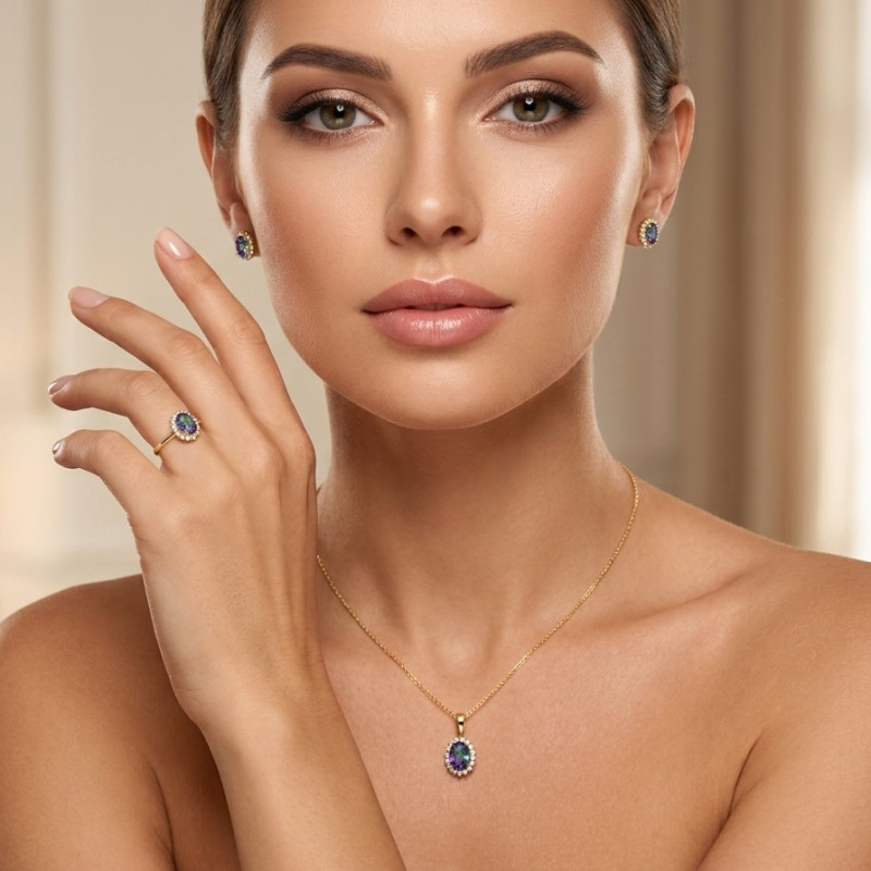 Kolczyki złote owalne z cyrkonią mystic topaz